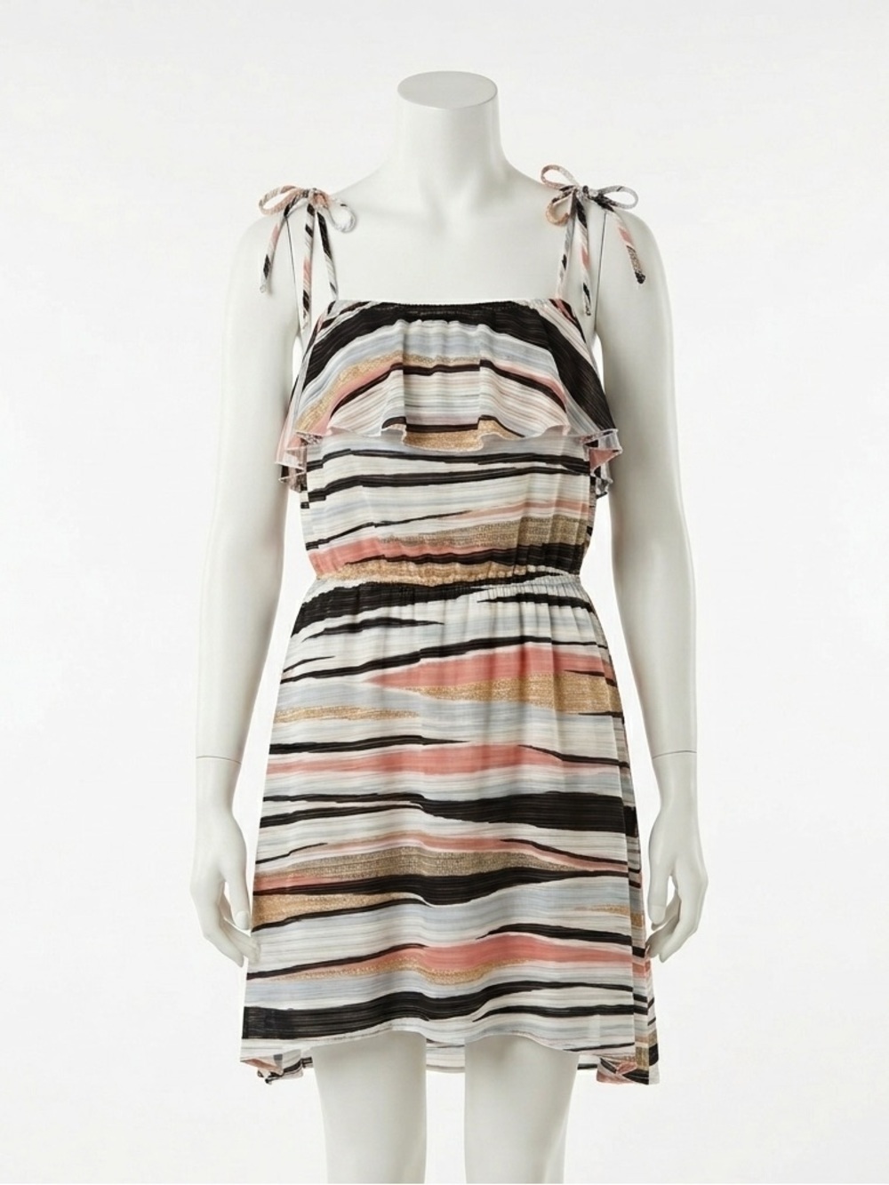 Takara Striped Ruffle Popover Tie Strap Midi Dress Pink Beach Boho Size Large